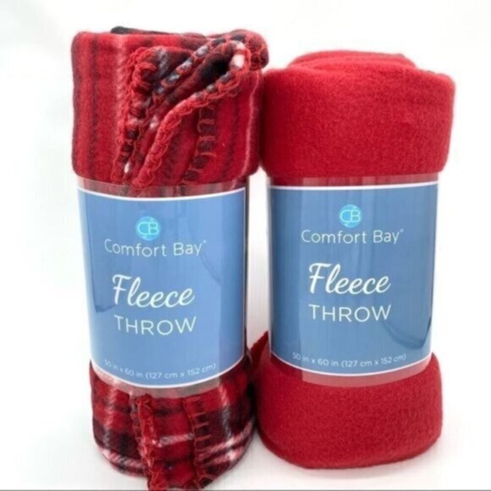Comfort Bay Plaid and Solid Red Fleece Throw Blankets Pair (2) New Giftable
